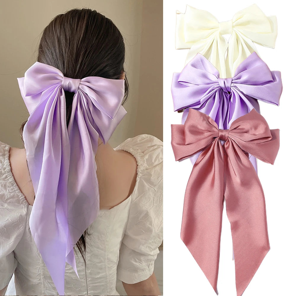 Korean Accessories Hair Clips for Women Girls Big Bowknot Solid Satin Long Ribbon Bows Spring Clamp Barette Cheveux Femme 2023