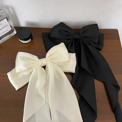 Korean Accessories Hair Clips for Women Girls Big Bowknot Solid Satin Long Ribbon Bows Spring Clamp Barette Cheveux Femme 2023